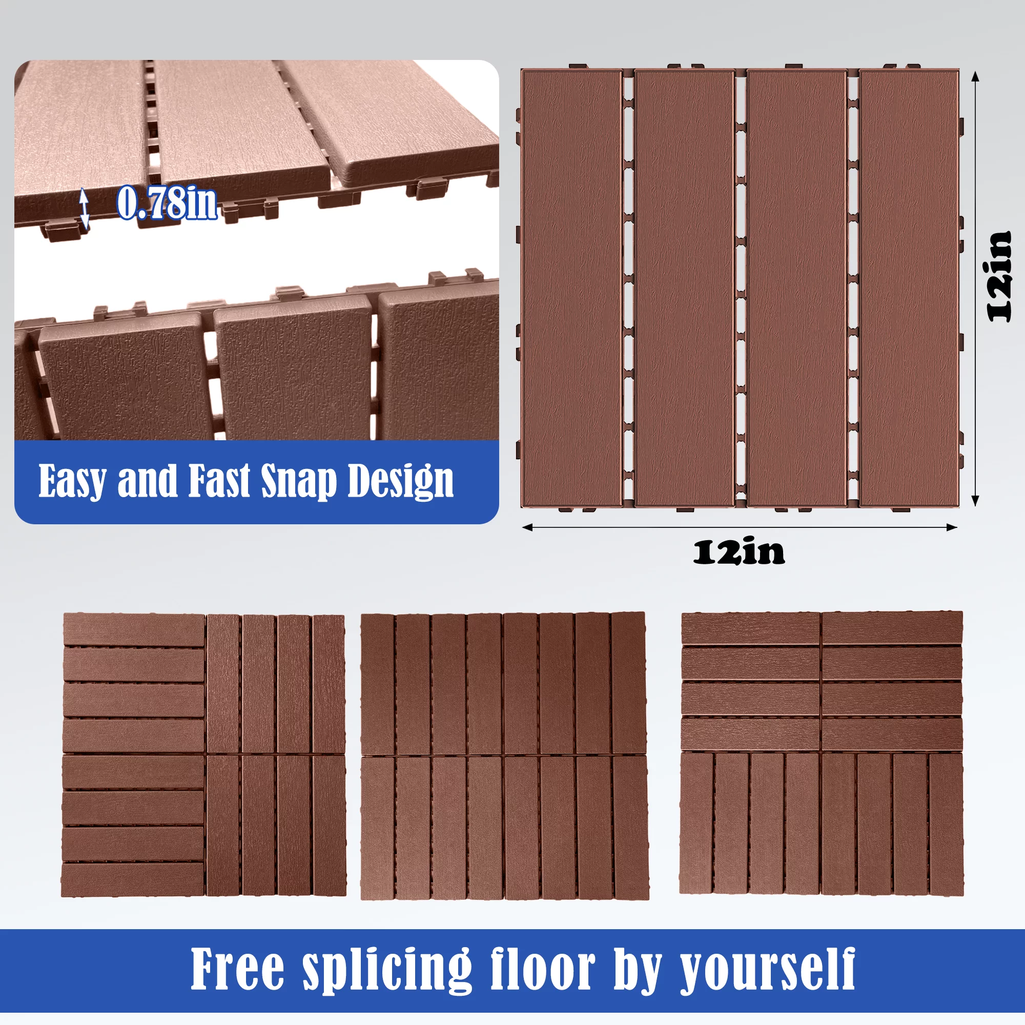 iRerts Patio Interlocking Deck Tiles, 44 Pack Plastic Patio Tiles, 12"x12" Square Waterproof Outdoor Flooring for All Weather Use, Garden Flooring Patio Tiles for Porch Balcony Backyard, Dark Brown