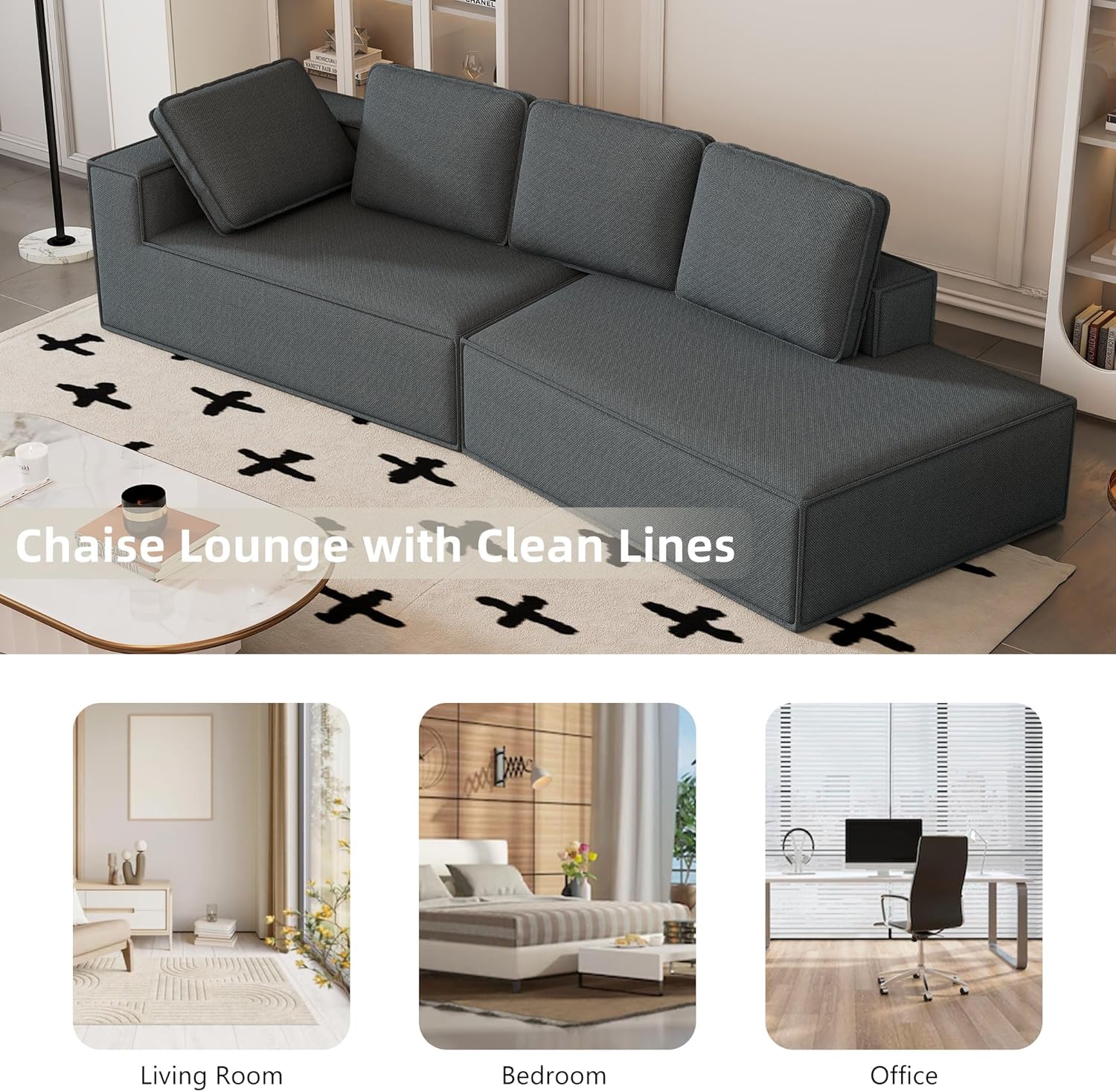 125" Stylish Chaise Lounge Modern Indoor Lounge Sofa Sleeper Sofa with Clean Lines for Living Room, Grey