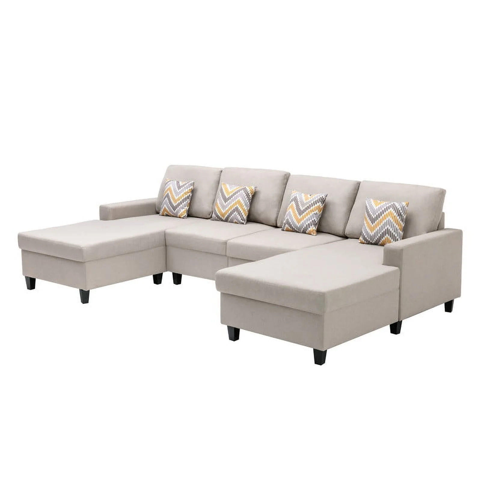 Lilola Home Nolan Linen Fabric 4Pc Double Chaise Sectional Sofa with Pillows and Interchangeable Legs-Color:Beige