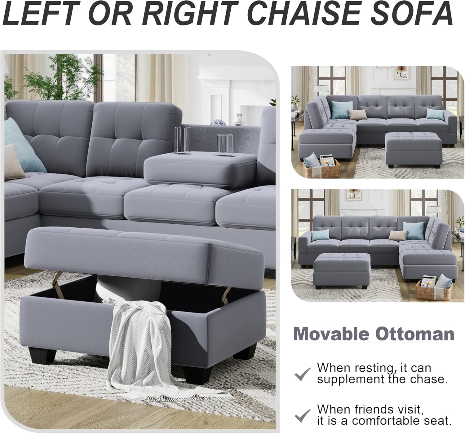 Linen Upholstered Sofa Set with Reversible Sectional Chaise, L Shaped Couch Foldable with 2 Cup Holders, Ottoman with Storage, for Living Room, Guest Room, Home Theater, Office, Light Gray