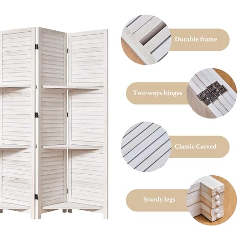 Room Divider with Shelves, 5.6 Ft Tall Folding Wood Screen with Double Hinges for Home Office Bedroom Hotel Decoration (6 Panels, Brown)
