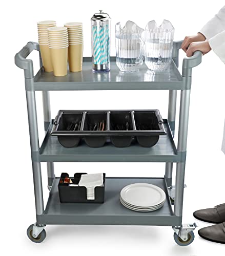 New Star Foodservice 54538 250-Pound Plastic 3-Tier Utility Bus Cart with Locking Casters, 32" x 16" x 38", Black