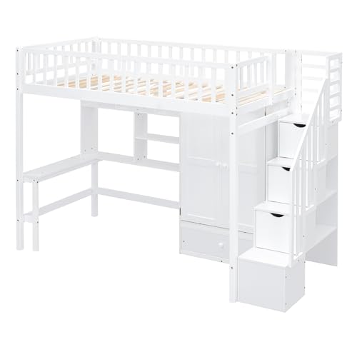 Full Size Loft Bed with Wardrobe Desk Storage Stairs, Wood Loft Bed Frame with Bookcase and Drawers, High Loft Bedframe for Kids Teens Adults, No Box Spring Needed, Espresso