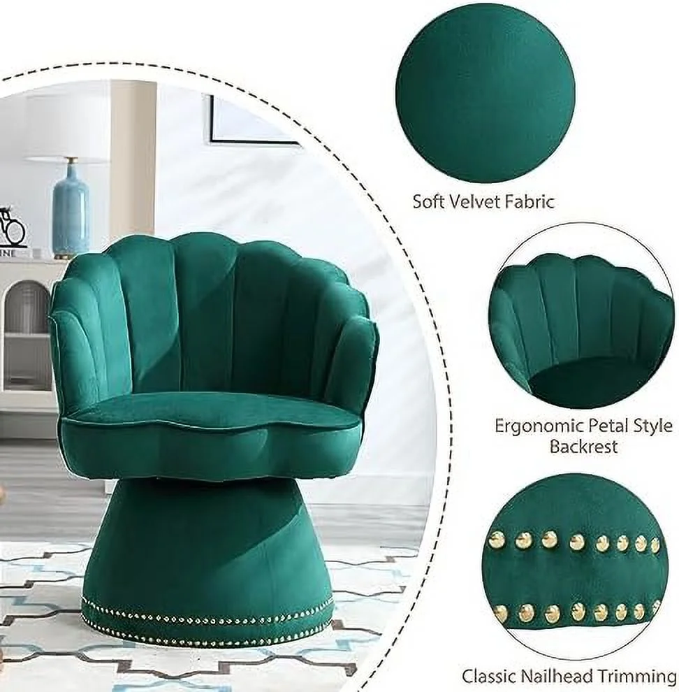 YZboomLife Swivel Accent Chair  Modern Velvet Upholstered -Degree Swivel Barrel Armchair  Small Lounge Arm Chair with Scalloped  for Living Room Bedroom  Emerald Green