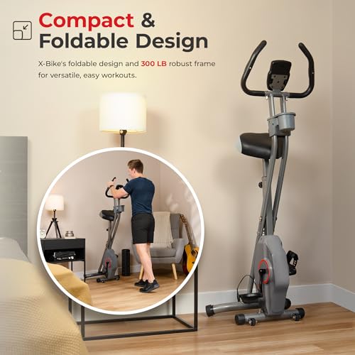 Sunny Health & Fitness Foldable Magnetic Exercise X-Bike Pro, Digital Monitor, Pulse Sensor, Low-Impact, Magnetic Resistance, Ergonomic Support, SunnyFit® App Enhanced Bluetooth Connectivity