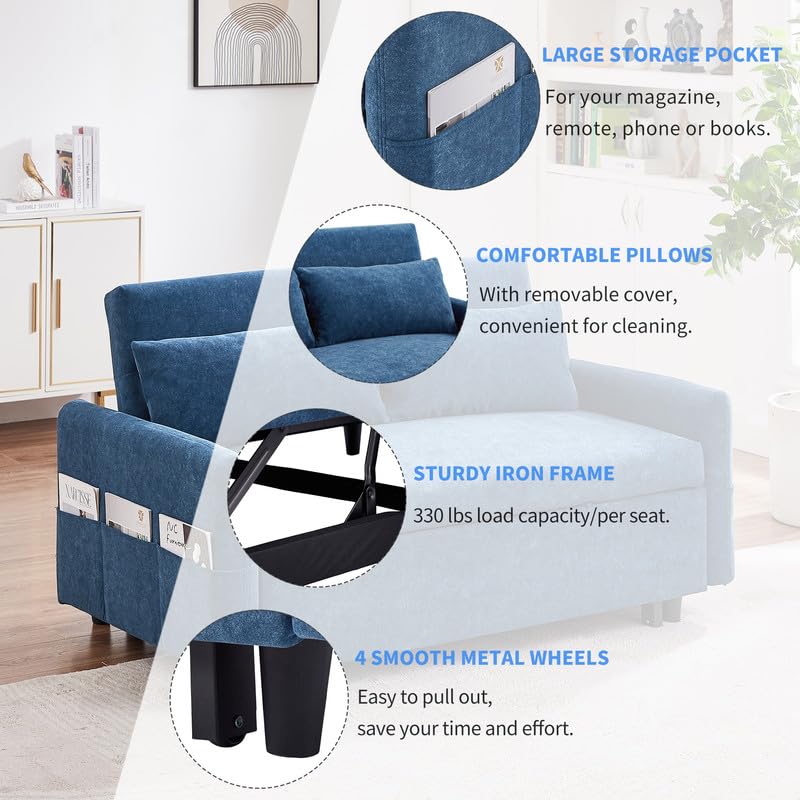 Convertible Chair Bed, 3 in 1 Convertible Sofa Bed Sleeper Chair with 3 Level Adjustable Backrest & 2 Pillow, Pull Out Sofa Bed in Microfiber, Sofa Bed Couch Loveseat Sleeper Bed for Living Room, Grey