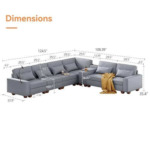 Modular Sectional Sofa, Convertible U Shaped Sofa Couch with Central Console & USB Ports, 7 Seat Modular Sectionals Couch with Chaise and Storage for Living Room, Light Grey
