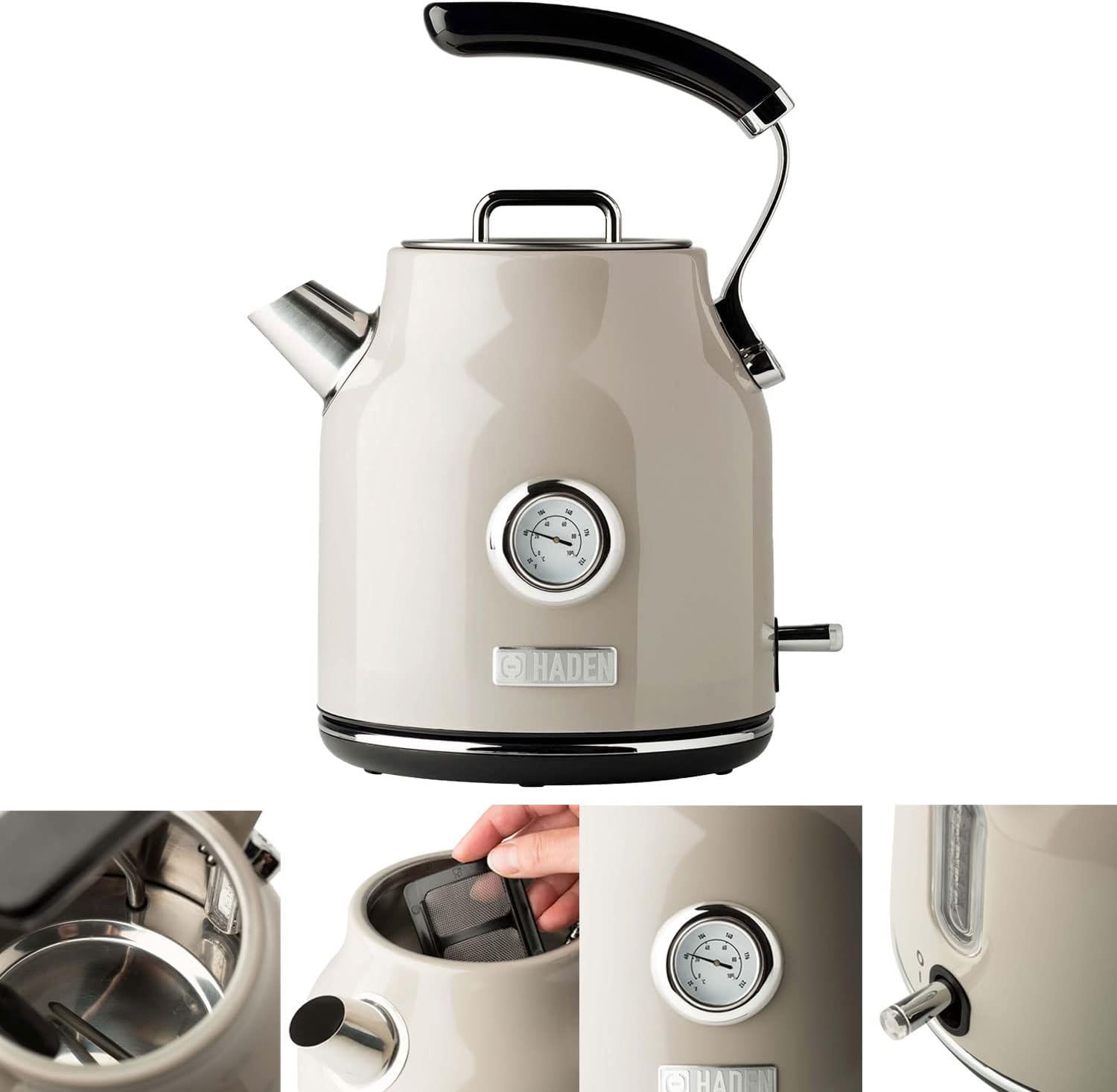 Haden Retro Style Stainless Steel Dorset Toaster, Electric Kettle, 12 Cup Coffee Maker, and 0.7 Cubic Foot Microwave Appliance Set, Putty Beige