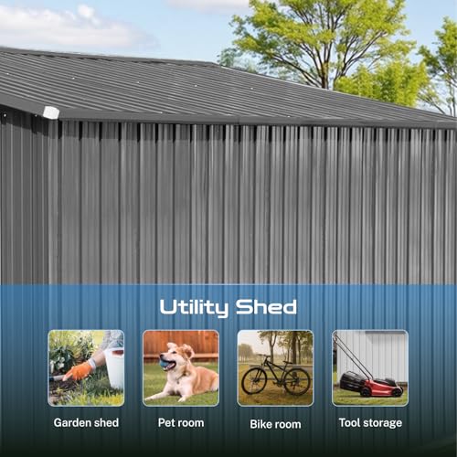 10' x 8' Large Outdoor Storage Shed, Sturdy Metal Building w/Windows & Lockable Doors for Garden, Backyard, Poolside and Lawn, Grey