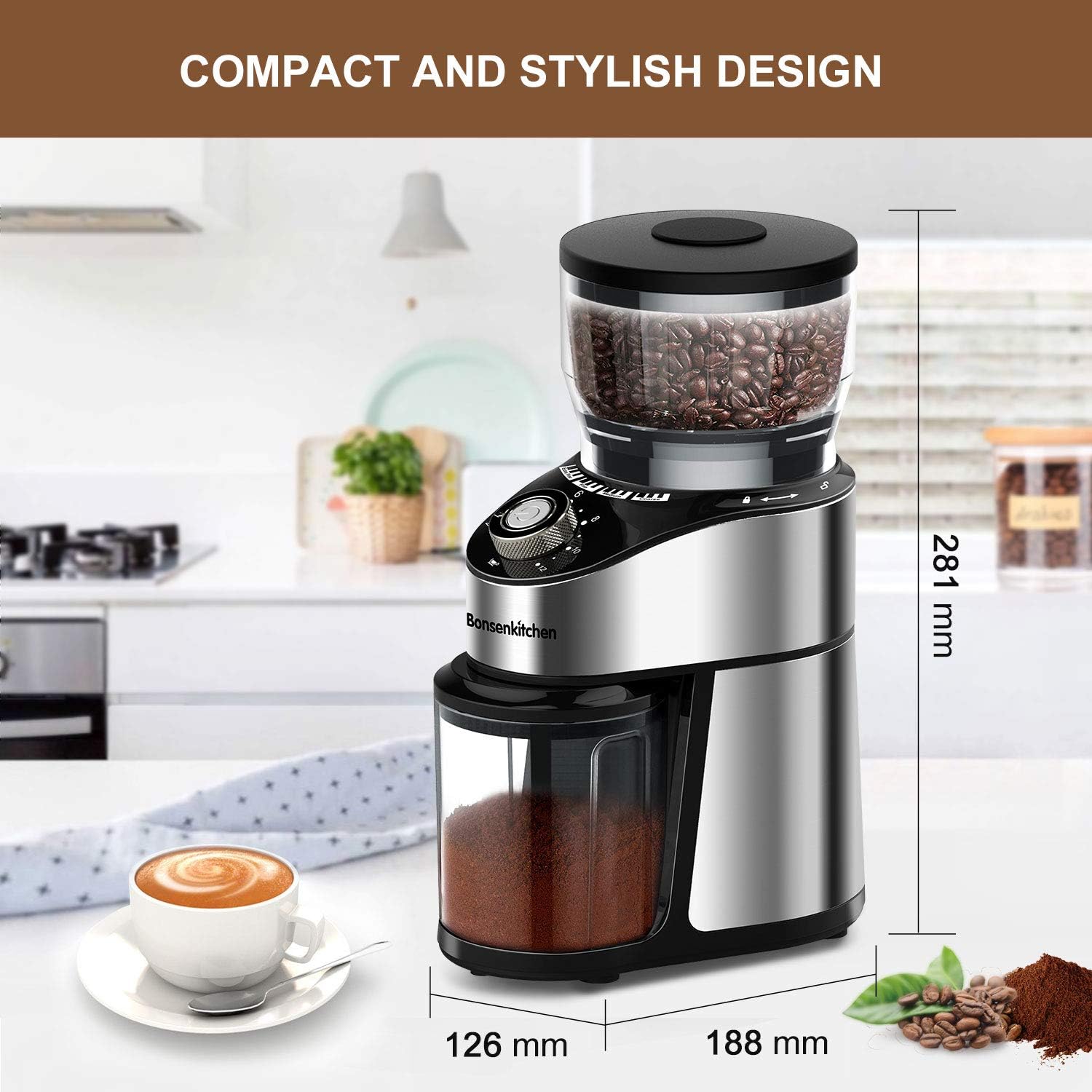 Electric Burr Coffee Grinder, Automatic Conical Burr Mill Coffee Bean Grinder with 12 Precise Grind Settings and Cup Selection, Large Capacity, Stainless Steel