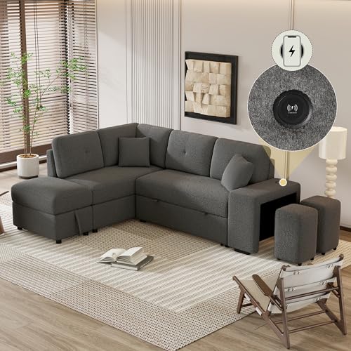 DEINPPA Sleeper Sofa, Sectional Sleeper Sofa with Double Storage Ottoman and 2 Stools, L Shape Sofa Wireless Charger and Two Hidden USB Ports for Living Room, Chenille Fabric-Cream