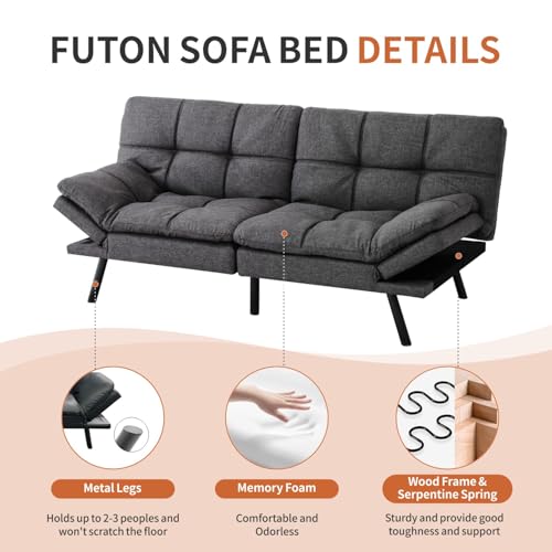 MUUEGM Futon Sofa Bed，Memory Foam Futon Convertible Couch Bed, Sofa Bed Couch,Modern Loveseat Sofa,Sleeper Couch for Small Space，Apartment, Living Room,Adjustable Backrests Armrests,Black