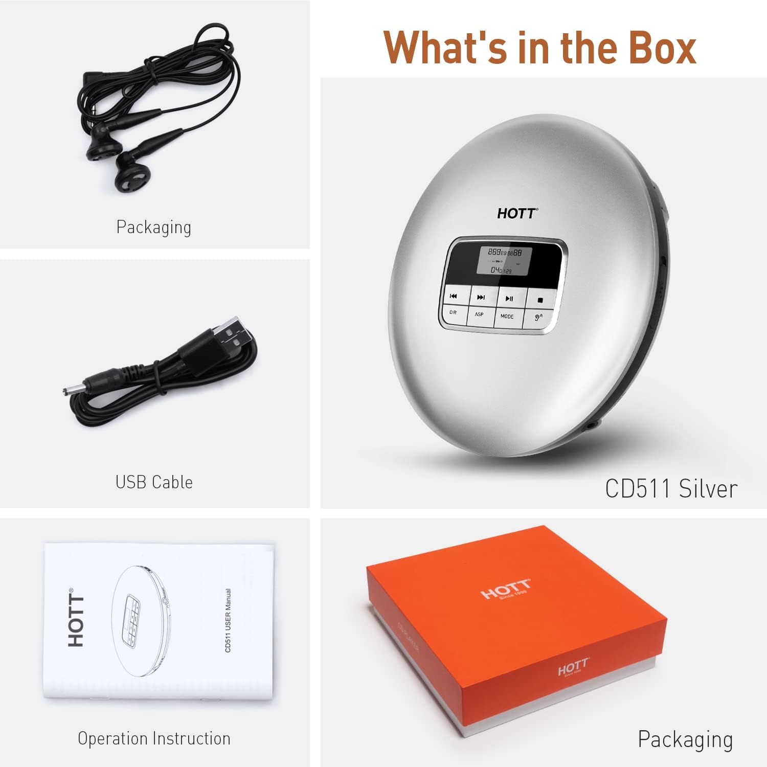 HOTT CD511 Portable CD Player，Personal Compact CD Player for Car with Anti-Skip/Shockproof Protection with Headphones and AUX Cable-Sliver