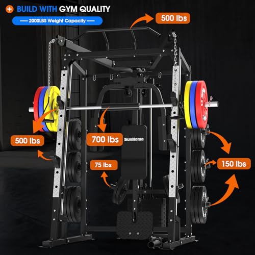 SunHome Smith Machine, 2000LBS Power Cage Squat Rack with Smith Bar, Two LAT Pull-Down Systems, Cable Crossover Machine and and More Cable Attachment for Home Gym