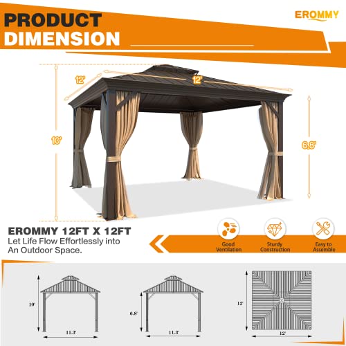 EROMMY 14'x20' Hardtop Gazebo Double Roof Galvanized Steel Canopy Outdoor Aluminum Frame Permanent Metal Pavilion with Netting and Curtains for Patio Backyard Deck and Lawns