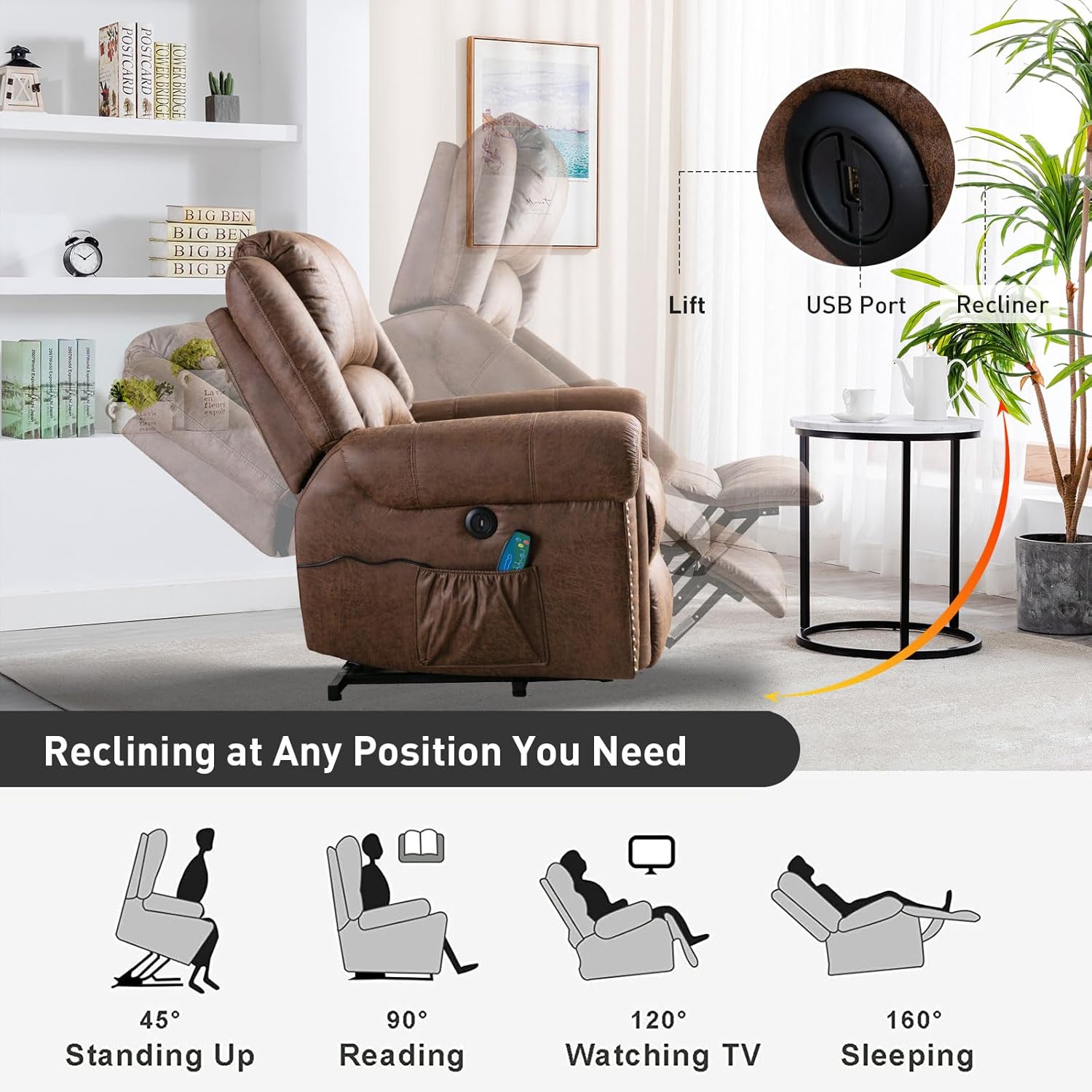 Phoenix Home Power Lift Chair for Elderly Leather Electric Reclining Oversized Sofa with Massage & Heating, USB Ports, Side Pocket, Large, Brown