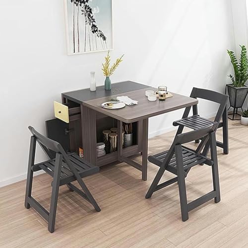 Folding Dining Table, Space Saving Dinner Table with Storage Space and 4 Wheels, Table and Chair Combination Set for Kitchen Small Spaces Apartment,Brown,with 4 Chairs, Wood