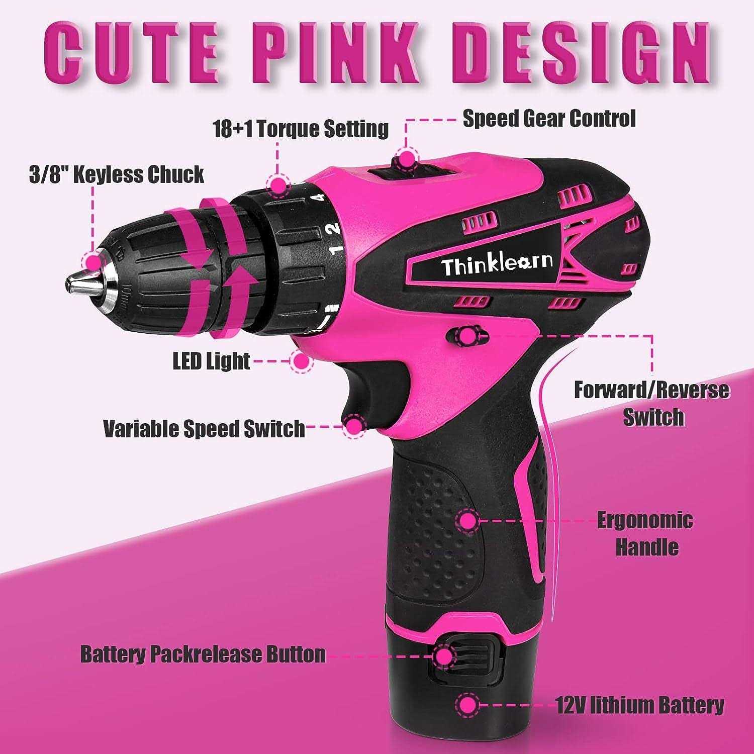 ThinkLearn Pink Drill Set for Women, 137 Piece Hand and Power Tool Set with 12V Cordless Drill - Shop Hardware Tools Online Store