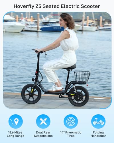 Hoverfly 14" Electric Scooter with Seat Adult, 550W/750W Peak Motor, 18.6/25 Miles Range, 15.5/22Mph Max Speed, Height-Adjustable Comfort Seat, Commuter Escooter with Carry Basket&Accessories