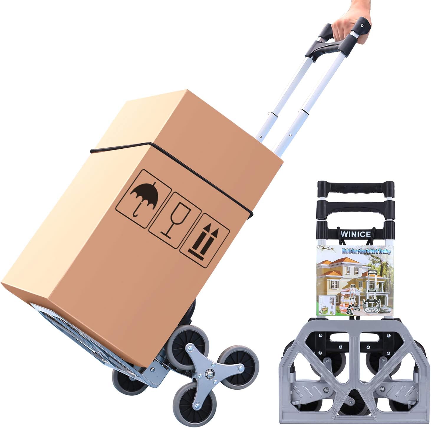 Stair Climbing Hand Truck,Heavy-Duty Hand Cart with Telescoping Handle,165 LB Load Capacity,6-Wheel Folding Cart for Moving and Office Use Pack of 2