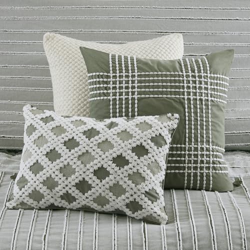 Madison Park King Comforter Set Clipped Jacquard Stripes with Buttons Boho Comforter for a King-Size Bed, Cotton Oversized Comforters with Removable Cover Boho Bedding, King Ivory 9 Piece
