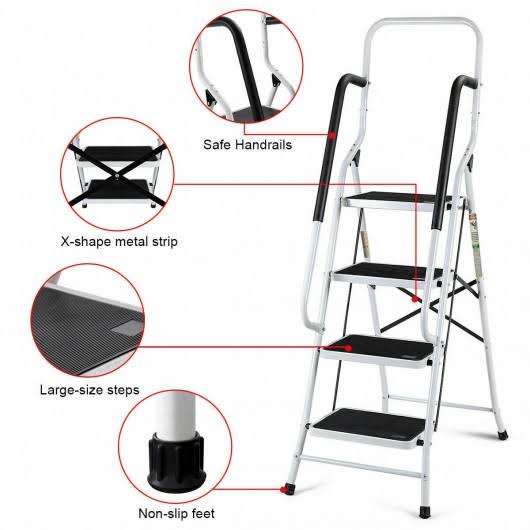 2-in-1 Non-Slip 4 Step Folding Stool Ladder with Handrails