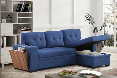 Convertible L Shaped Couch with Pull Out Bed and Storage Chaise,Sectional Sleeper Sofa with Side Open Cup Holder and USB Port, Linen Fabric Furniture for Living Room, Apartment, 92", Blue