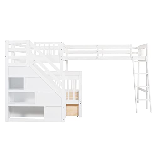 Twin over Full Triple Bunk Bed with Drawers and Stairway, L-Shaped Bunk Bed and Loft Bed Combo with Storage Compartment for 3, Ideal for Extended Family or Dorm (Espresso)