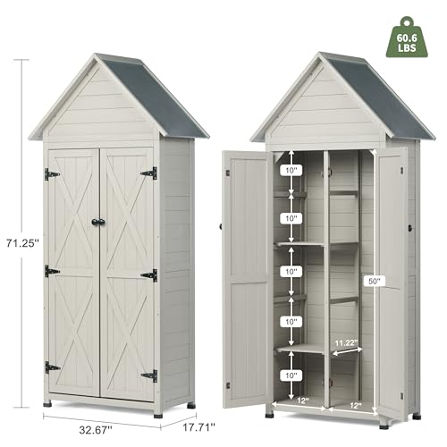 Outdoor Storage Shed with Floor & Adjustable Shelves, Wooden Garden Tool Cabinet Weatherproof, 71" Vertical Patio Organizer