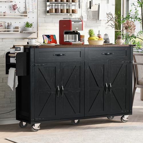54.5" Farmhouse Kitchen Island with Drop Leaf,Storage Cabinet Island on Wheel,Rolling Home Cart Breakfast Bar Table with Power Outlet, 3 Drawer, Spice Rack