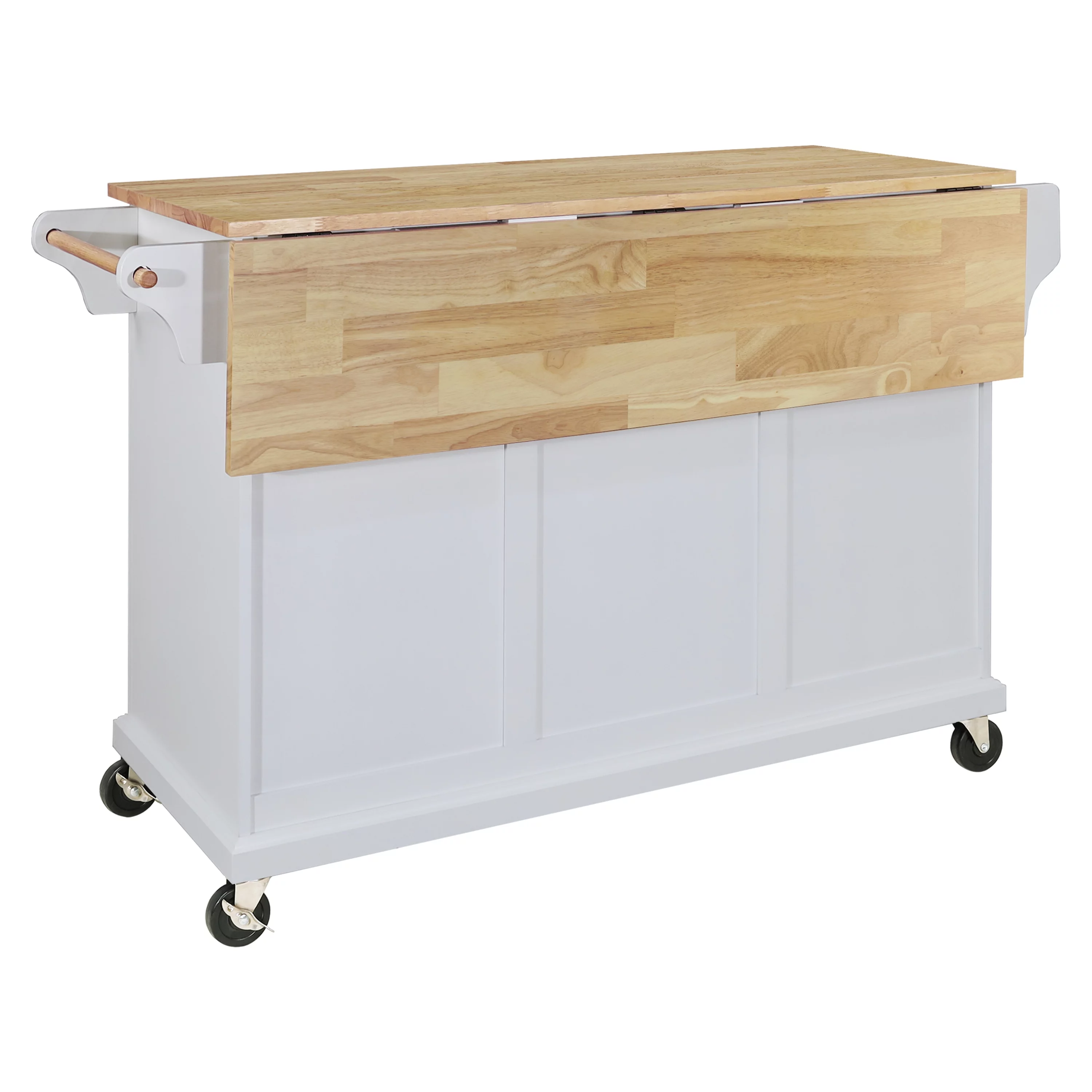 Multi-Functional Storage Island Cart with Rubberwood Countertop and Drop-Leaf, Greenguard Gold Certified, Kitchen Island on Wheels with Large Storage Cabinet,2 Drawers,Spice Rack,Towel Holder, White