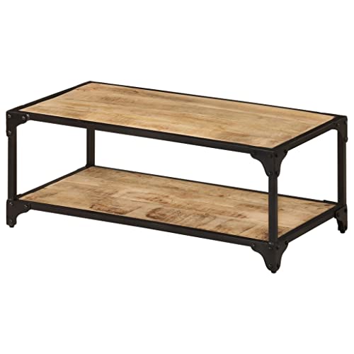 Coffee Table 35.4"x17.7"x13.8" Solid, Mango Wood,Rustic Vintage Mango Wood Coffee Table with Shelf for Living Room, Industrial Side Table with Black Iron Frame