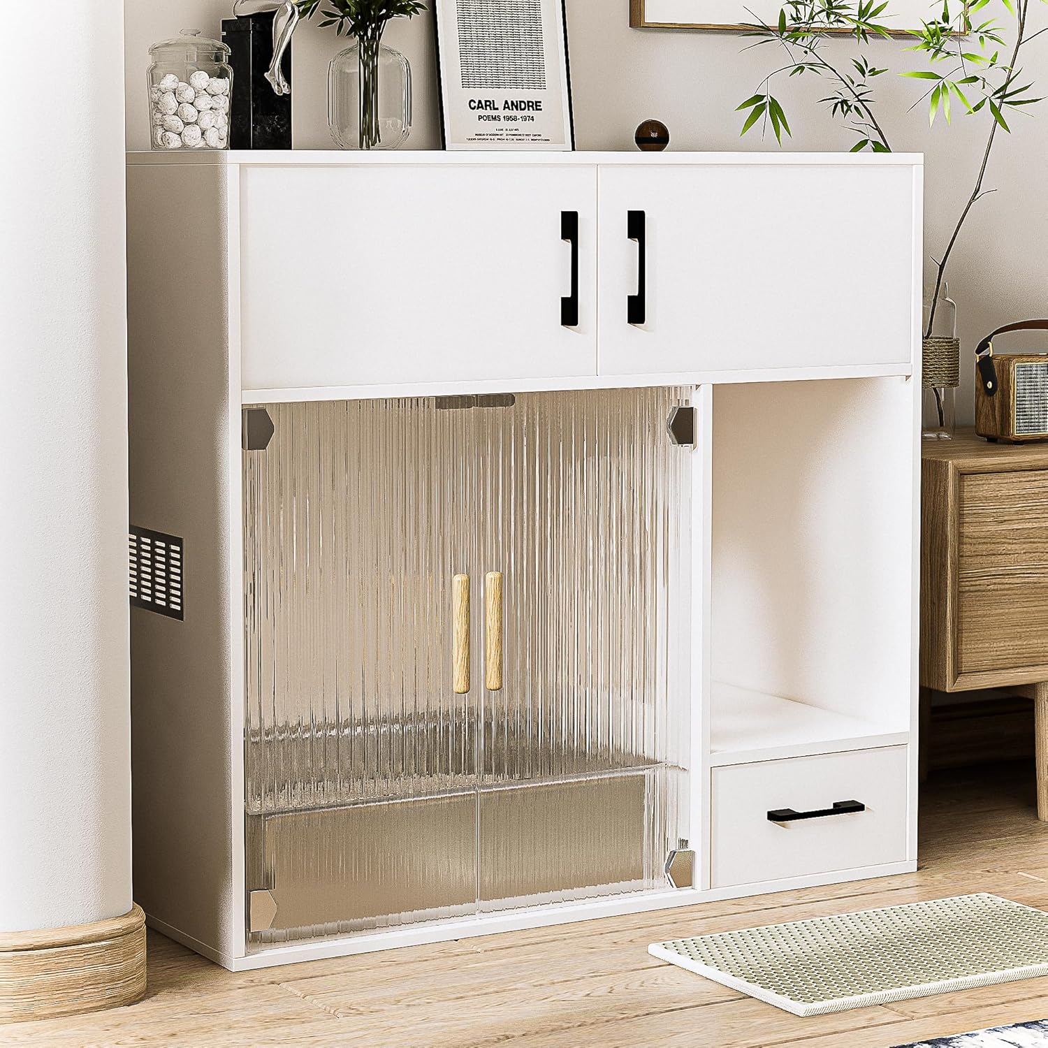 Cat Litter Box Enclosure Furniture Style White Cat Cabinet Side Table with Storage Space for Living Room, 37.4'' x 19.7'' x 35.4''