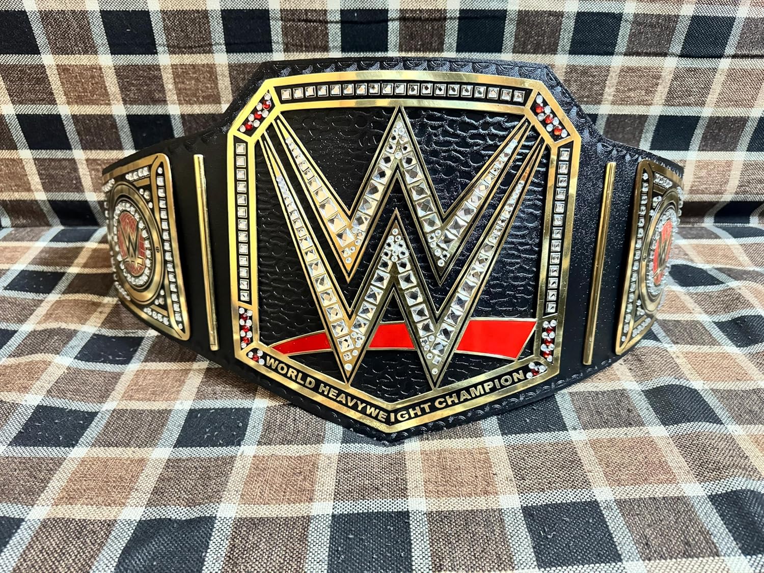 World Heavyweight Championship Replica Wrestling Title Belt Adult Size - Gold Coated Metal Plate Leather Strap, Black