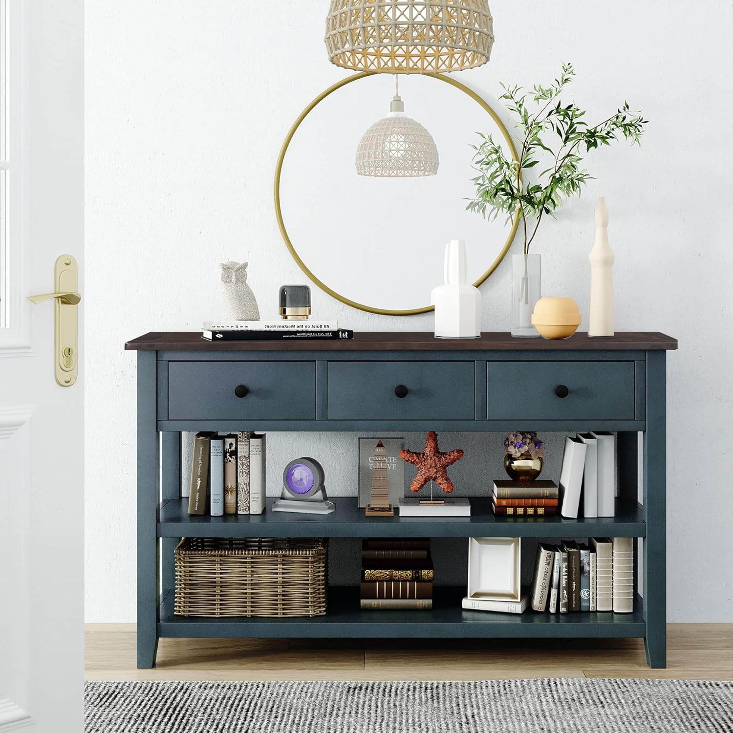 Retro Design Console 2 Open Shelves and 3 Storage Drawers, Sofa Table with Pine Solid Wood Frame and Legs for for Entryway, Hallway, Living Room, Navy