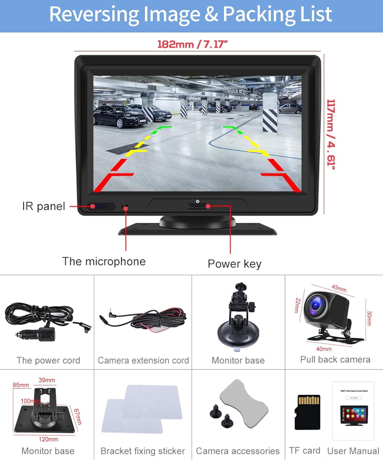 Portable Bluetooth Car Stereo Carplay Android Auto Reversing Monitor Kit, 7" Vehicle Backup Camera Set Driving Recorder Support 2 Split Screen/Bluetooth/DVR Loop Recording/Voice Control DC 9V-36V