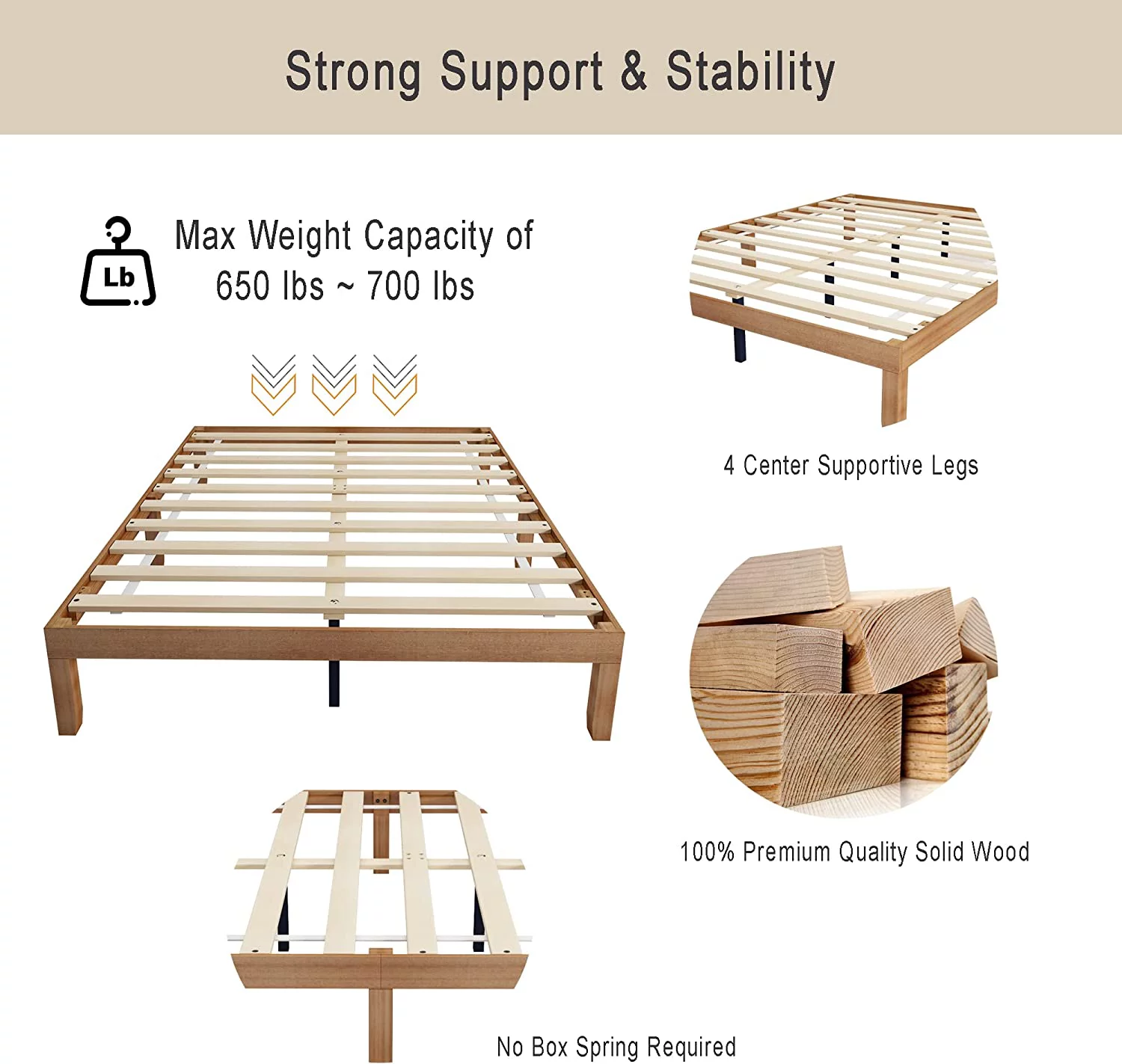 AngLink Queen Size Wood Platform Bedframe - No Headboard Bed Frame with 10 Legs Support, No Box Spring Needed, Strong Wood Slat Support, Easy Assembly丨Natural