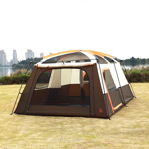 KTT Extra Large Tent 10-12-14 Person(Style-B),Family Cabin Tents,2 Rooms,3 Doors and 3 Windows with Mesh,Straight Wall,Waterproof,Double Layer,Big Tent for Outdoor,Picnic,Camping,Family Gathering