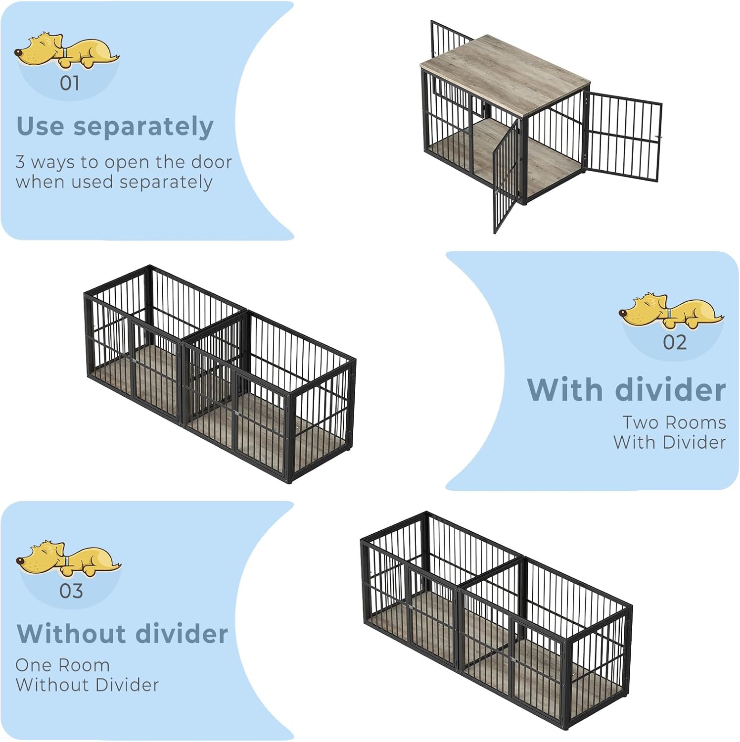 77.64''Dog Crate Furniture Large Breed TV Stand with Double Rooms,Wooden Dog Kennel Dog Crate End Table with Removable Divider for Large Medium Dogs, Can Use Separately