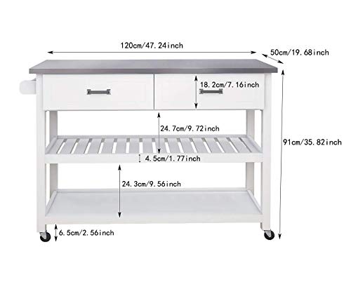 RASOO Kitchen Island Cart on Wheels Trolley White Stainless Steel Top Rolling Kitchen Island Cart with Open Shelves and One Big Drawer Towel Rack Kitchen Island Cabinet with Lockable wheels, 39.37"x18.5"x35.83"(LxWxH）