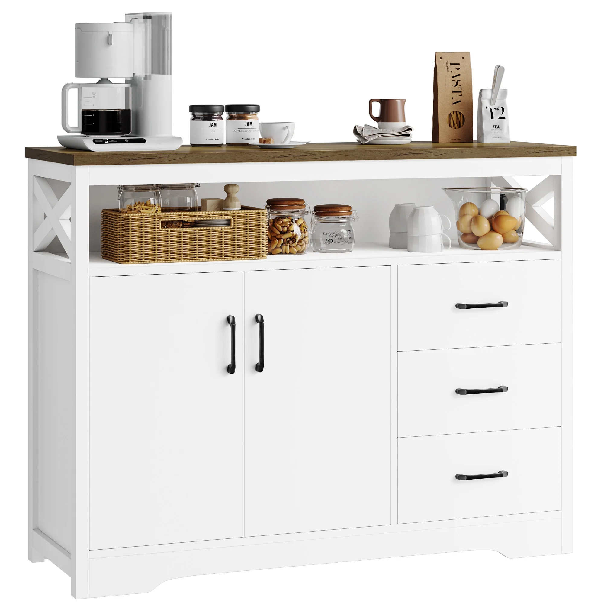 Homfa 47.2"W Kitchen Sideboard with Hutch, 3 Drawer Buffet Cabinet with 2 Doors for Dining Room, White - Curated Treasures Market