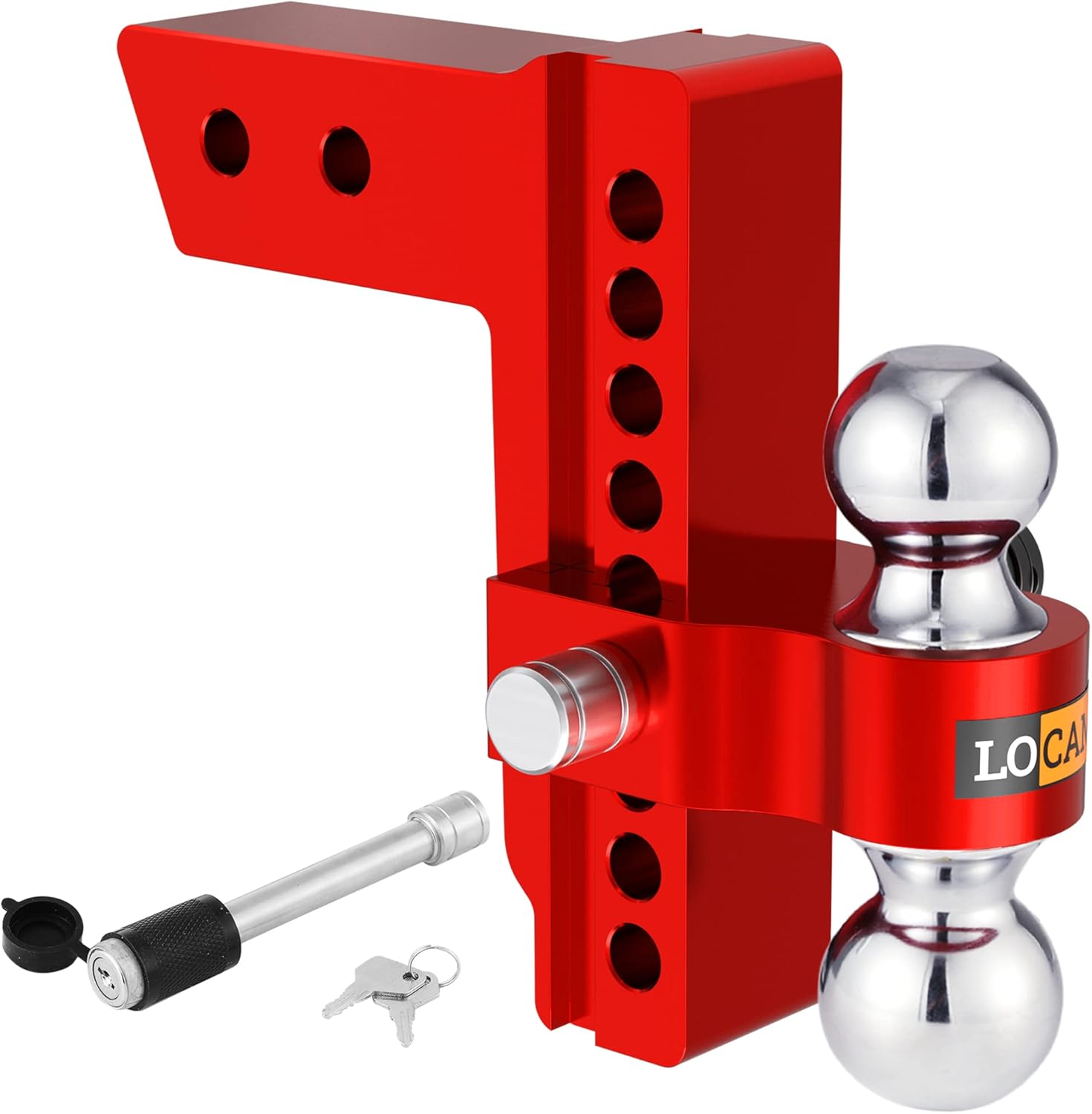 LOCAME Adjustable Trailer Hitch, Fits 2.5-Inch Receiver, 8-Inch Drop/Rise Aluminum Drop Hitch ,18,500 LBS GTW--Tow Hitch for Heavy Duty Truck with Double Stainless Steel Locks, Red, LC0015
