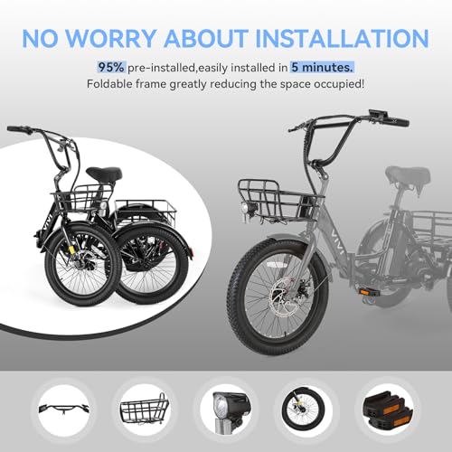 Vivi T01 20" x2.6 Fat Tire Electric Tricycle for Adults, 750W Peak 20'' Folding 3 Wheels Electric Bike, 95% Pre-Assembled, Speed Differential, 15.5MPH Eletric Trike with Bracket