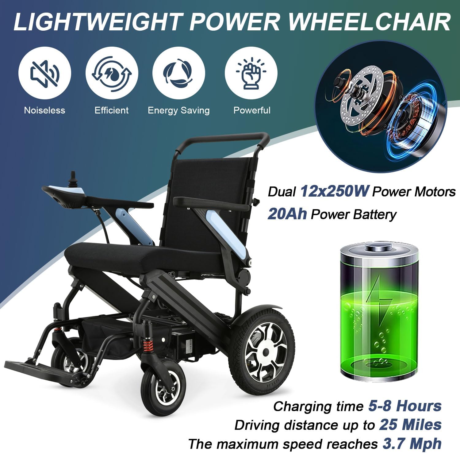 Electric Wheelchair for Adults Lightweight Foldable All Terrain Motorized Wheelchair for Seniors with 20AH Removable Battery 25 Miles Long Travel Range Travel Size Folding Electric Wheelchair