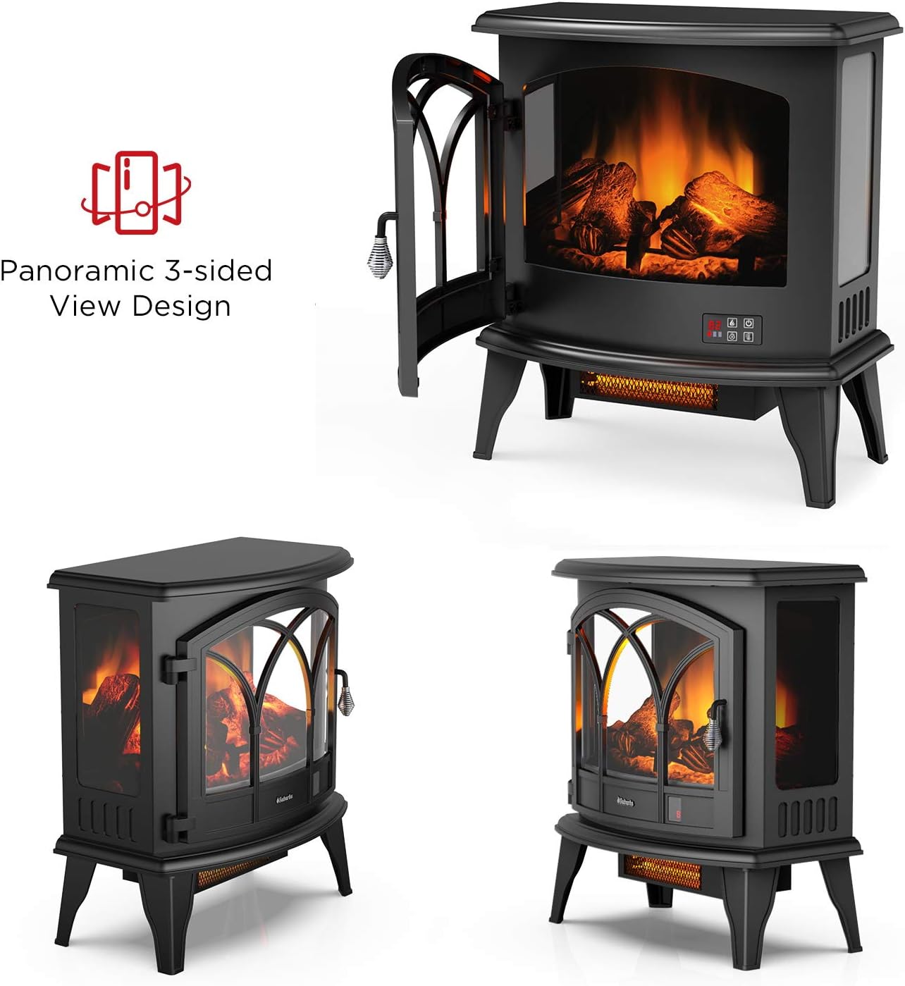 TURBRO Suburbs TS23-C Electric Fireplace Infrared Heater with Curved Door- Freestanding Fireplace Stove with Adjustable Flame Effects, Overheating Protection, Timer, Remote Control - 23" 1400W Black