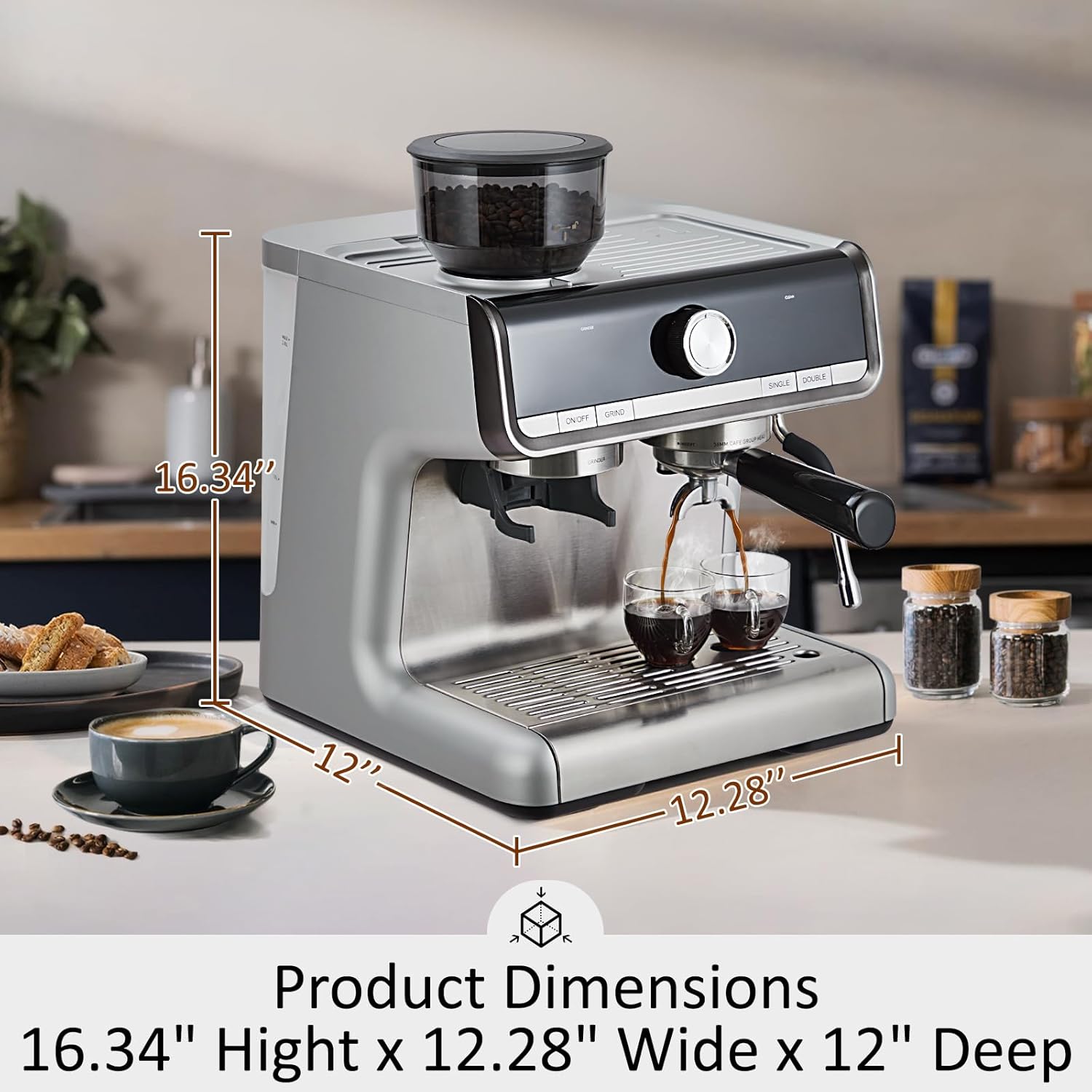 Espresso Machine With Grinder, Professional Espresso Maker With Milk Frother Steam Wand, Barista Latte Machine With Removable Water Tank for Cappuccinos or Macchiatos
