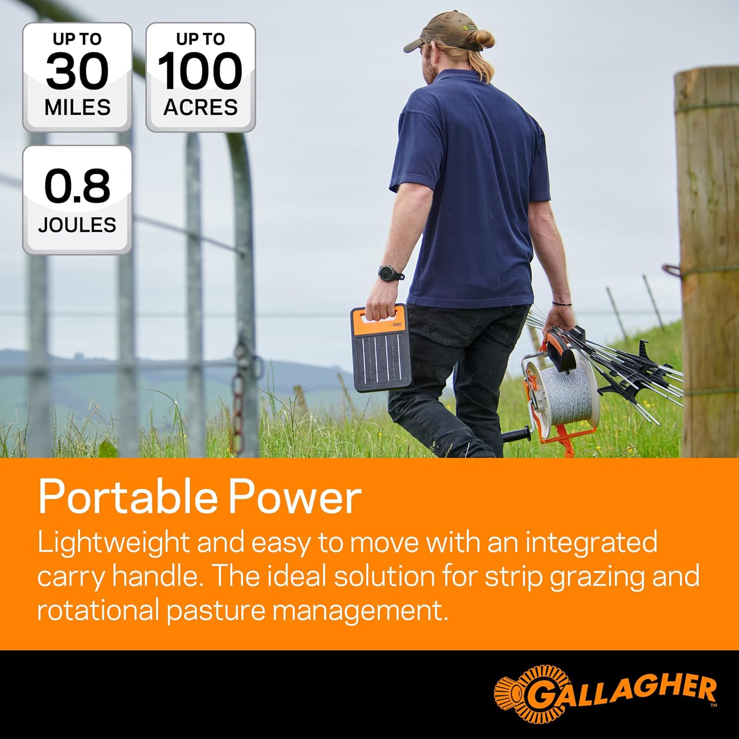 Gallagher S80 Solar Electric Fence Charger | Powers Up to 30 Miles / 100 Acres of Fence | Solar Lithium Technology | 0.8 Joule Solar Energizer for Poultry, Livestock, Gardens, and Wildlife Exclusion