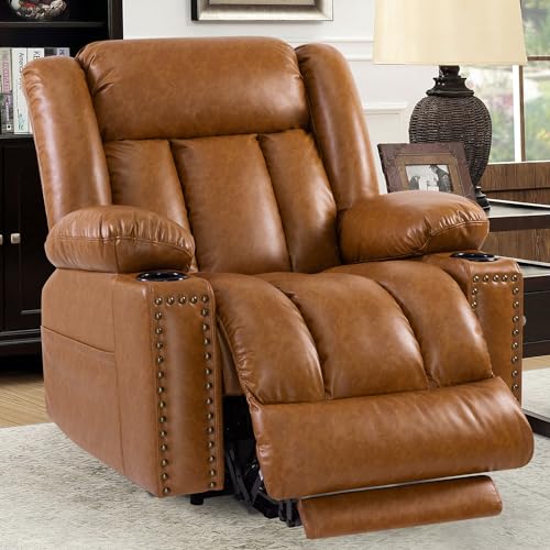 Large Power Lift Chairs Recliners for Elderly with Heated and Massage, Overstuffed Adjustable Lift Chairs, 3 Positions, Breathable Leather, USB-A and USB-C, Cup Holder, Side Pocket Dark Brown