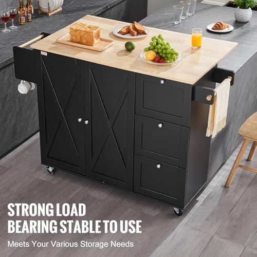 VEVOR Kitchen Island Cart with Solid Wood Top, 35.4" Width Mobile Carts with Storage Cabinet, Rolling Kitchen Table with Spice Rack, Towel Rack, and Drawer, Portable Islands on Wheels, White