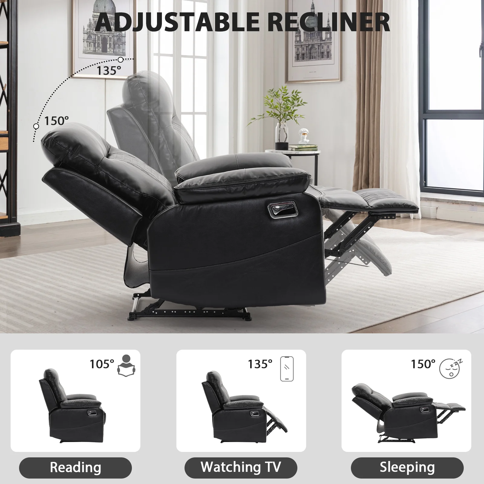 BonzyHome Recliners Single Recliner Chairs for Adults, Reclining Chair Manual Sofas for Living Room Overstuffed Home Theater Seating PU Leather Reclining Furniture, Black